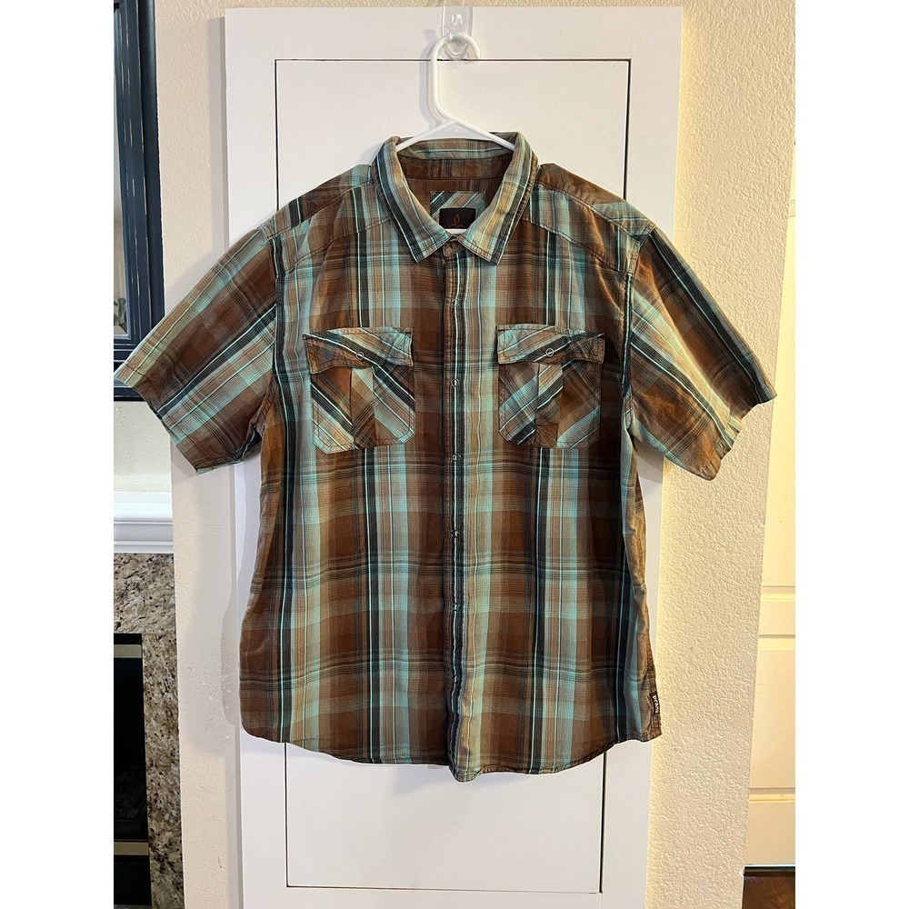 PrAna Easy Snap Plaid Short Sleeve Organic Cotto Men’s Shirt Blue Brown Size XL